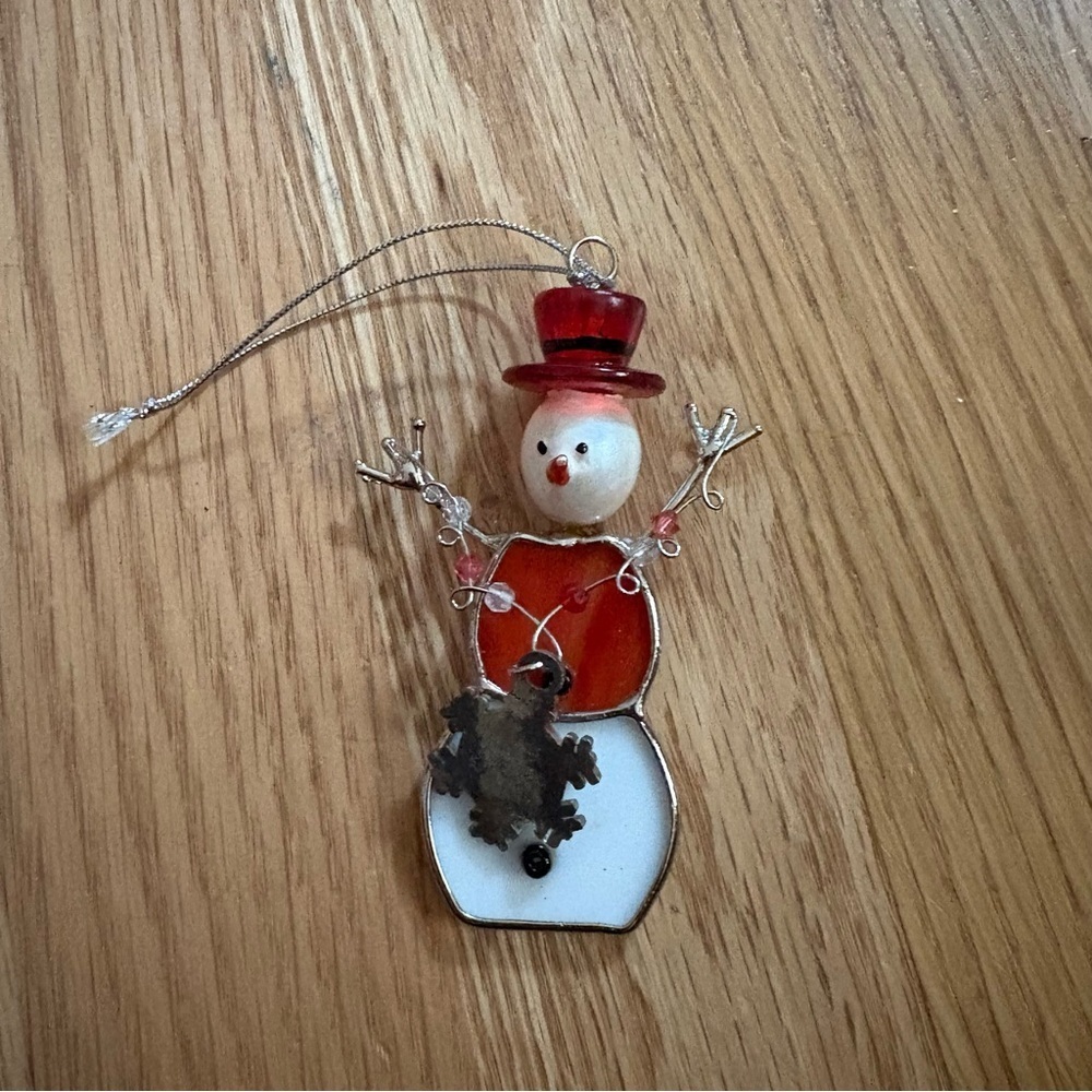 Ganz Festive Snowman Ornament with Red Hat Stained Glass Metal Christmas - Picture 2 of 3